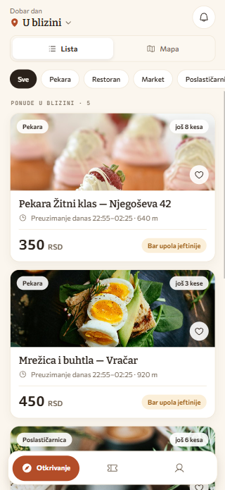 Ekran aplikacije: ponude u blizini